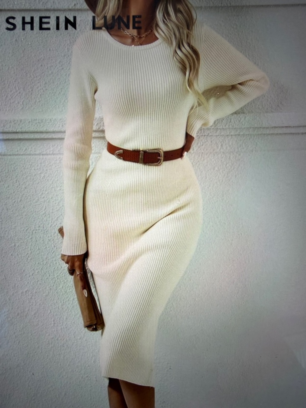 SHEIN Cream Long Sleeve Ribbed Dress